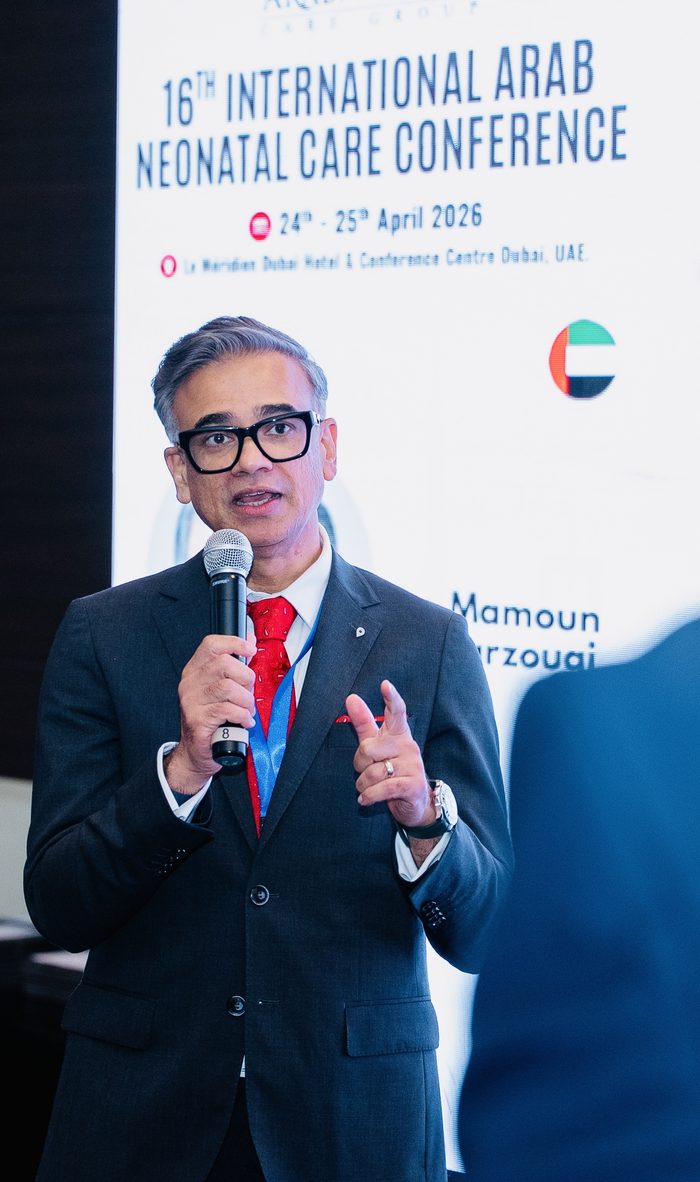 Dr Omi Narayan speaking at the 16th International Arab Neonatal Care Conference, Dubai, April 2026